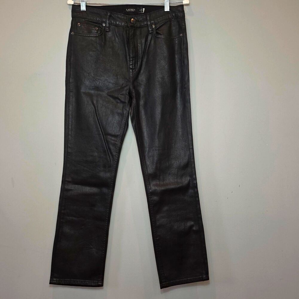 Ralph Lauren Black Coated High Rise Straight Ankle Jeans Sz 6 Edgy Indie Goth